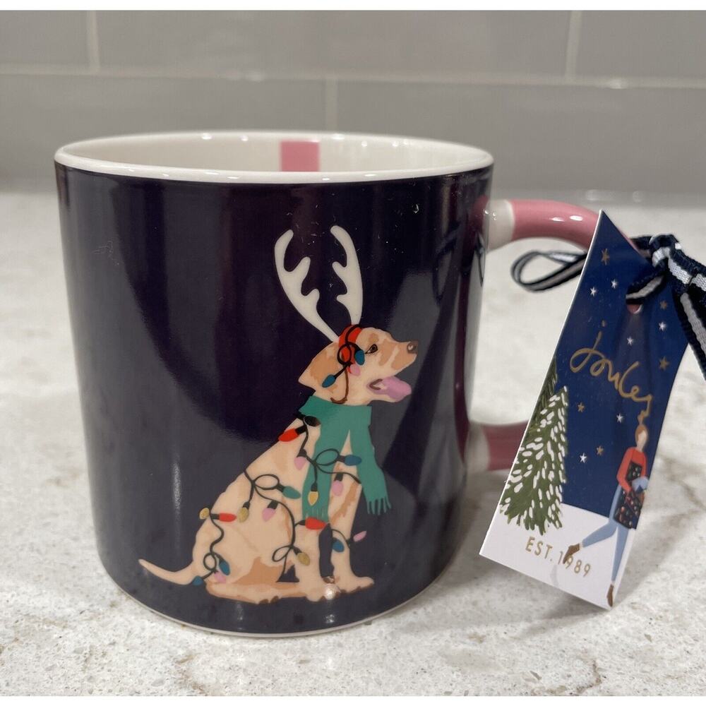 JOULES Christmas YELLOW LABRADOR Retriever Dog In Scarf Antlers Lights 10oz Mug